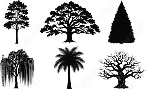 Collection of diverse tree silhouettes vector illustration including palm, willow, pine, leafless, rounded canopy for landscape and botanical design