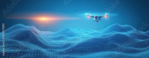 camera-equipped quadcopter drone hovering above glowing blue wireframe terrain at sunrise, evoking futuristic exploration and calm surveillance