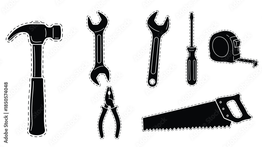 Fototapeta premium Black and white tools arrangement hammer wrenches screwdriver and saw silhouette