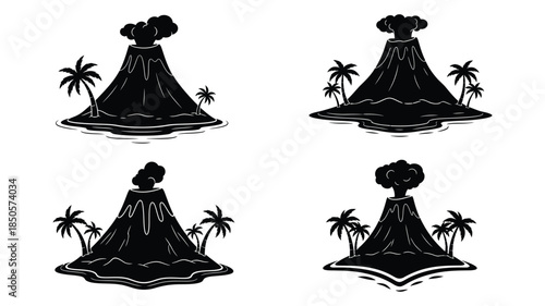 Tropical island with volcano and palm trees a striking silhouette