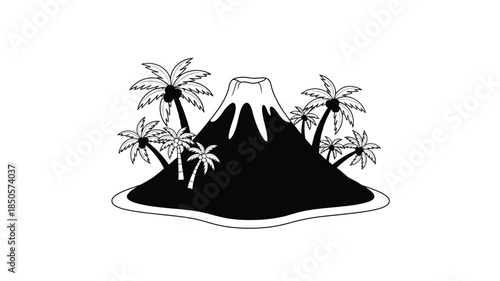 Tropical island with a mountain palm trees and striking dark silhouette