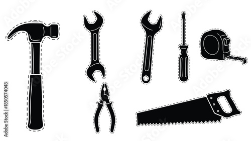 Black and white tools arrangement hammer wrenches screwdriver and saw silhouette
