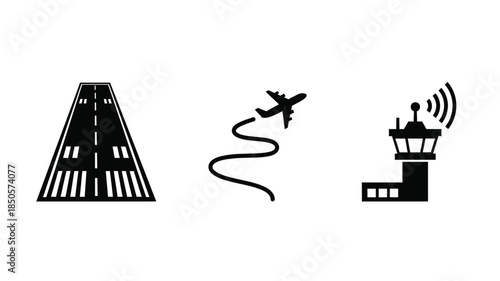 Airport icons depicting runway plane path and control tower silhouette
