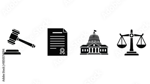 Legal symbols representing justice law and government in dark silhouette