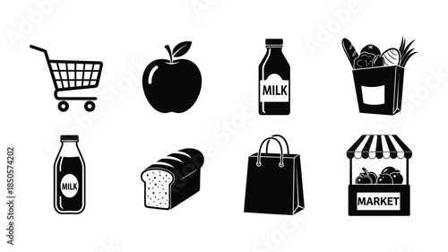 Grocery shopping icons set displaying various food items a market and a cart silhouette