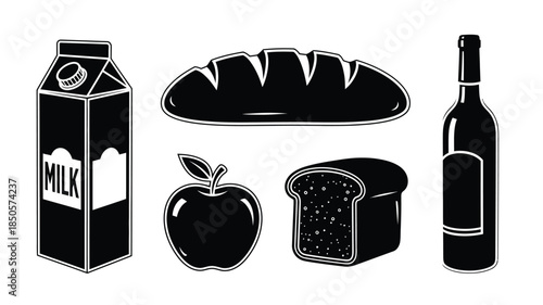 Simple black silhouettes of common foods like milk bread and fruit silhouette