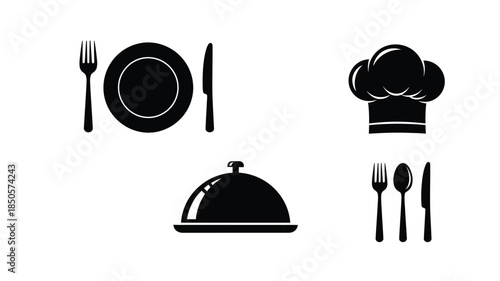 Culinary icons plate utensils and chef s hat in black silhouette