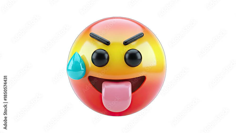 Fototapeta premium Angry Emoji with Tongue Out and Sweat Drop on White Background
