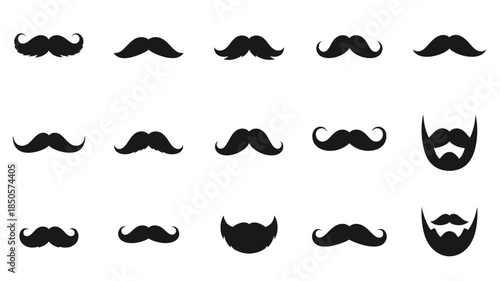 Collection of various mustache and beard styles in black silhouette