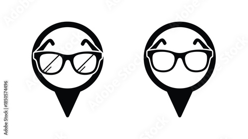 Two location pin icons with glasses a striking black silhouette