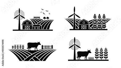 Rural landscape with windmills farm buildings and livestock a striking silhouette
