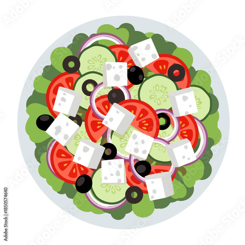 A vibrant top-down illustration of a fresh Greek salad featuring crisp cucumbers, red tomatoes, purple onion rings, and black olives, all generously topped with chunky white cubes of feta cheese.