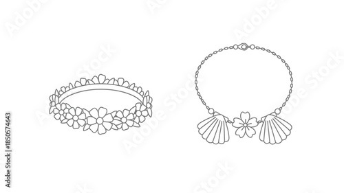 Floral jewelry design sketches a tiara and necklace black and white silhouette