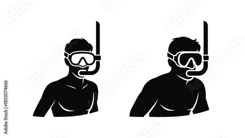 Two divers with snorkeling masks depicted in a striking black silhouette