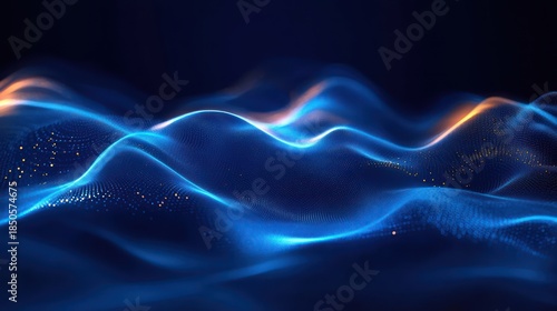 glowing blue digital waves with golden particle highlights on a dark background, a calm futuristic and mesmerizing flowing landscape