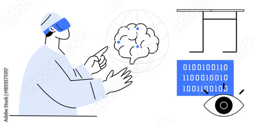 Artificial intelligence, neuroscience, virtual reality, human-computer interaction, data processing, innovation. A person wearing VR goggles interacting with a neural brain interface. AI