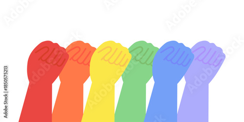 Raised rainbow fists. Diversity, equity, care, society, protest, rights, freedom, power, community,  LGBTQIA concepts. Flat people character vector design isolated illustration
