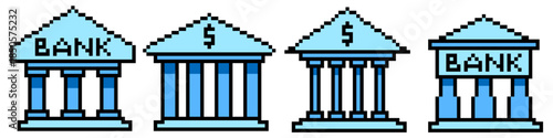 Set of pixel bank icon vector for finance games and city maps. Ideal for symbolizing money, economy, savings, government buildings, and retro business themes.