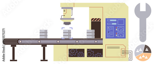 Assembly line operation with robotic arm lifting items, conveyor belt, control screens, and gear mechanisms. Ideal for manufacturing, automation, industry, technology, robotics production