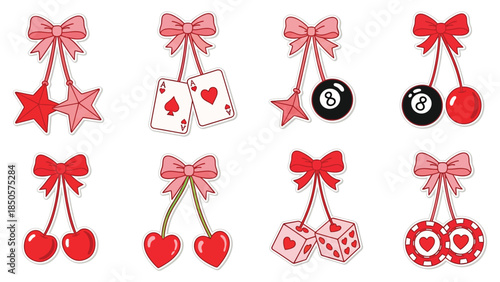 Retro pop art cherry vector set with casino and lucky motifs
