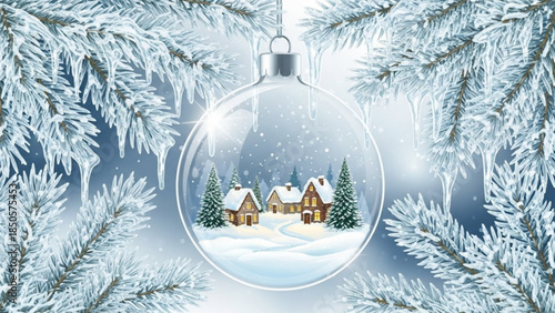 Christmas ornament with snow-covered village inside framed by frosted pine branches festive winter holiday decoration for greeting cards and ba