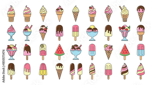 Colorful cartoon vector set of various ice creams on a white background
