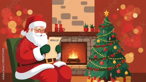Santa Claus reading a wish list by a cozy fireplace and decorated Christmas tree festive holiday illustration for seasonal greetings