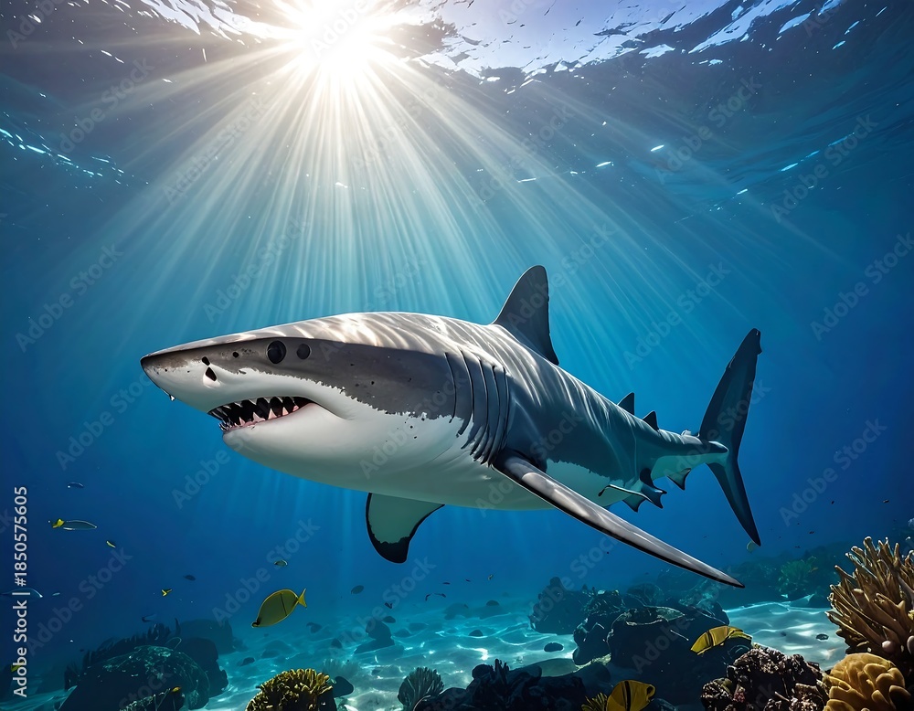 Fototapeta premium Large predatory shark swims through sunlit ocean waters