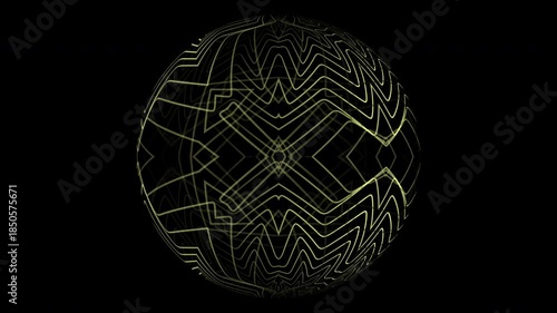 Abstract dark sphere featuring yellow geometric line pattern with subtle glow on black background.