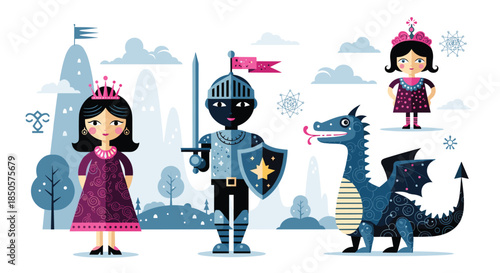 A vibrant illustration of a brave knight, two princesses, and a friendly dragon in a whimsical fairytale landscape.