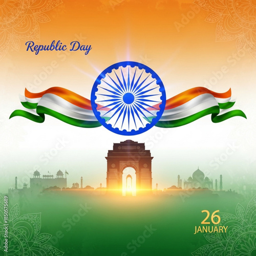 India Republic Day celebration Ashoka Chakra on tricolor ribbon above India Gate vector illustration with cityscape and floral pattern