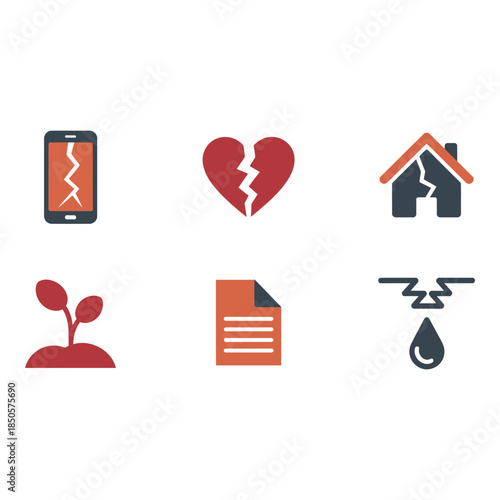 Collection of broken objects and symbols representing damage and destruction