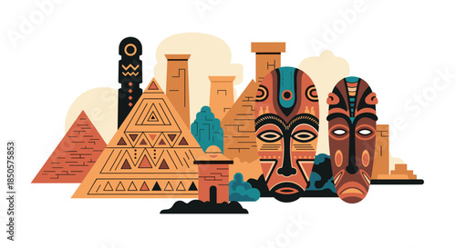 Vibrant illustration showcasing diverse African and Egyptian cultural heritage with ancient pyramids, symbolic masks, and historical architecture.