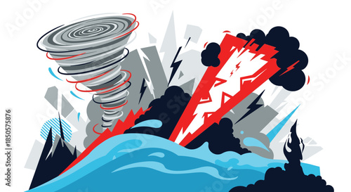 An abstract illustration depicting multiple natural disasters simultaneously, including a tornado, intense lightning, floodwaters, and a raging fire.