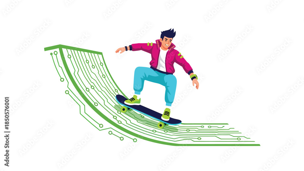 Fototapeta premium Young Skater Boy Riding Digital Circuit Board Ramp Expressing Technology and Extreme Sports Fusion