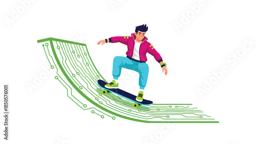 Young Skater Boy Riding Digital Circuit Board Ramp Expressing Technology and Extreme Sports Fusion