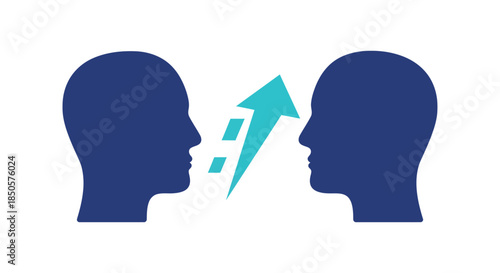 communication skills training concept with two human profiles facing each other and upward arrow symbolizing feedback and personal growth