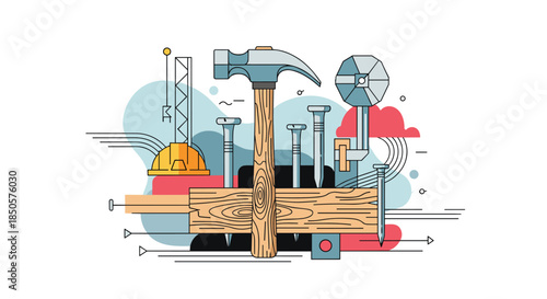 Modern flat design illustration featuring essential construction and carpentry tools like a hammer, nails, and wood, symbolizing building and craftsmanship.