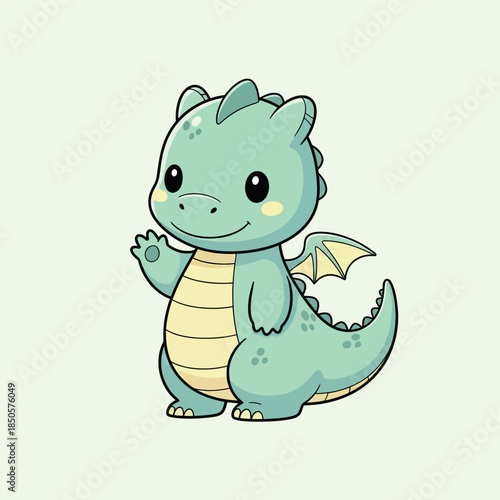 Adorable cartoon dragon standing on hind legs, waving, with wings visible, in simple illustration style, from am-9 series