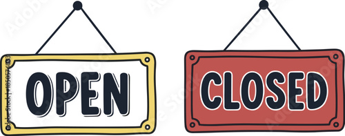 Illustration of open and closed signs hanging side by side, conveying business hours and availability isolated on white background