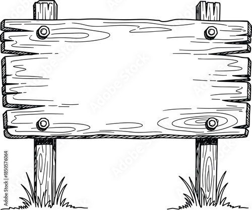 Handdrawn wooden sign isolated on white background a blank rustic billboard with a wood grain texture, perfect for adding your own message or design element