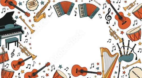 Musical instrument frame isolated on white background featuring piano, guitar, saxophone, accordion, harp, trumpet, drum, and bagpipe in a colorful design
