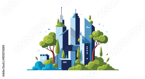 Modern cityscape featuring eco-friendly tall buildings surrounded by lush green trees and natural elements, illustrating urban sustainability.