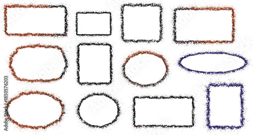 Collection of textured frames isolated on white background a diverse set of shapes, including rectangles, squares, ovals, and circles, each with a unique, grainy border