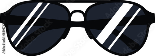 Illustration of black aviator sunglasses with a white glare isolated on white background, offering a stylish and classic eyewear option for various uses