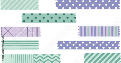 Collection of decorative washi tape strips with various patterns isolated on white background cute scrapbook elements for design and decoration