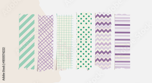 Collection of decorative washi tape strips isolated on white background, featuring various patterns like stripes, dots, grids, and zigzags in pastel colors