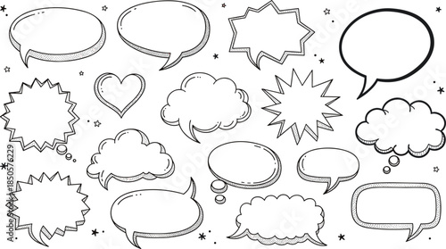 Collection of handdrawn speech bubbles isolated on white background, perfect for adding a touch of whimsy and personality to your designs and projects