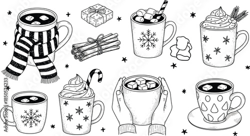 Handdrawn set of cozy winter drinks isolated on white background collection of hot chocolate, coffee, cocoa with marshmallow, whipped cream, and spices