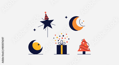 Abstract vector icons representing various holidays and celebrations, featuring stars, moons, a gift box, and a Christmas tree.